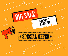 26% off special offer. Banner on a orange background for sales with megaphone
