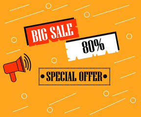 80% off special offer. Banner on a orange background for sales with megaphone