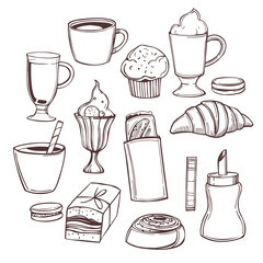 Vector coffee shop food and drinks  set.