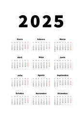 2025 year simple vertical calendar in spanish language, typographic calendar isolated on white