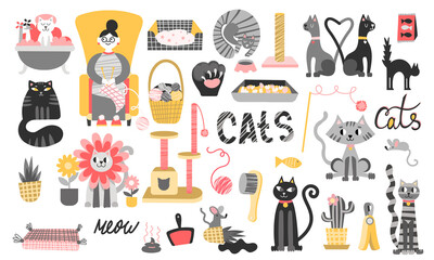 Big vector set of illustrations of cats and their hobbies. Trendy set with flat style kittens. Cats and kittens, claws, balls and beds for cats.Logo or illustration for a pet shop, print for pet and