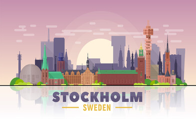 Stockholm skyline. Sweden. Vector illustration. Image for presentation, banner, web site. Business travel and tourism concept with modern buildings. Image for banner or web site.