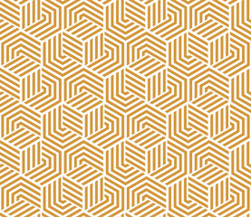 Abstract geometric pattern with stripes, lines. Seamless vector background. White and gold ornament. Simple lattice graphic design