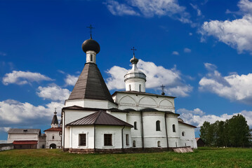 View of the Ferapontov Belozersky Monastery with the Cathedral of the Nativity of the Blessed Virgin Mary and the Church of St. Martinian. Vologda region, Russia
