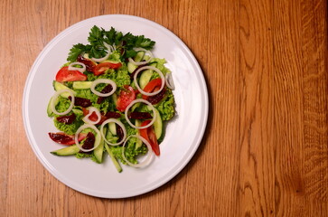 Salad baked eggplant and fresh tomatoes. Top view