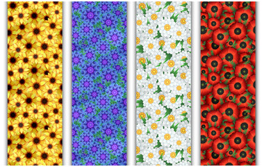 Bright vector patterns with chamomiles, poppies, cornflowers, sunflowers close-up that can be used as background, wallpaper, wrapping paper. Floral vector illustration with summer and spring flowers