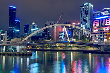 Southgate Footbridge spanning the River Yarra in Melbourne illuminated at night