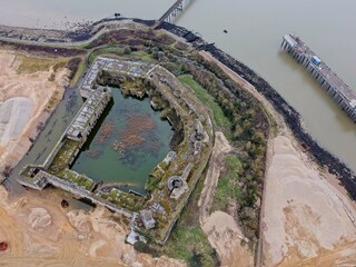 Aerial drone. Cliffe fort on the river Thames in Kent, England.