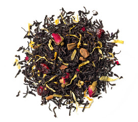 Black tea with rose, cherry and pieces of cinnamon on white background. Top view. Close up. High resolution