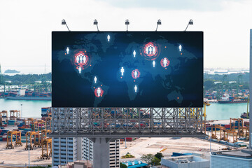World planet Earth map hologram on billboard over panorama city view of Singapore. The concept of...