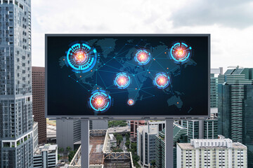 World planet Earth map hologram on billboard over panorama city view of Singapore. The concept of international connections and business in Southeast Asia.