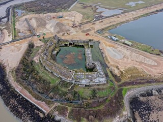 Aerial drone. Cliffe fort on the river Thames in Kent, England.