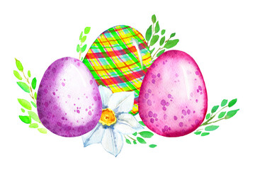 Watercolor easter eggs and spring flowers illustration. Cartoon colorful elements isolated on white. Easter decoration, greeting, card, invitation
