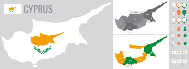 Cyprus vector map with flag, globe and icons on white background