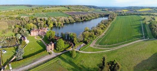 Aerial drone view of Lullingstone Castle and The World Garden in Eynsford, Kent, England.