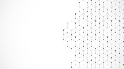 Technology abstract lines and dots connect background with hexagons. Hexagons connection digital data and big data concept. Hex digital data visualization. Vector illustration
