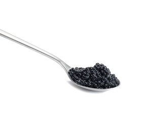 black paddlefish caviar in a metal spoon on a white isolated background