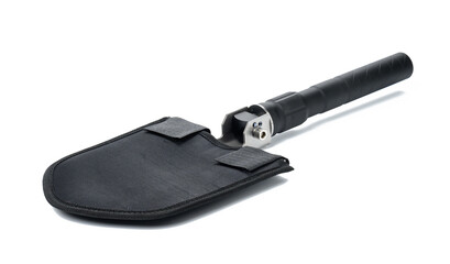 sapper shovel in a textile case isolated on white background