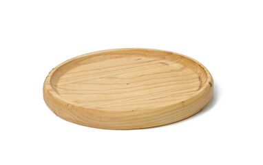 empty round wooden plate for serving cheese, vegetables on a white isolated background