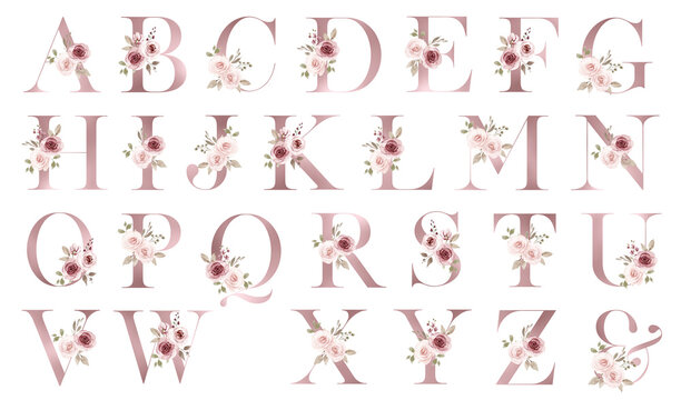 Floral alphabet, letters with watercolor pink flowers and leaf. Monogram initials perfectly for wedding invitations, greeting card, logo, poster and other. Holiday design hand painting.