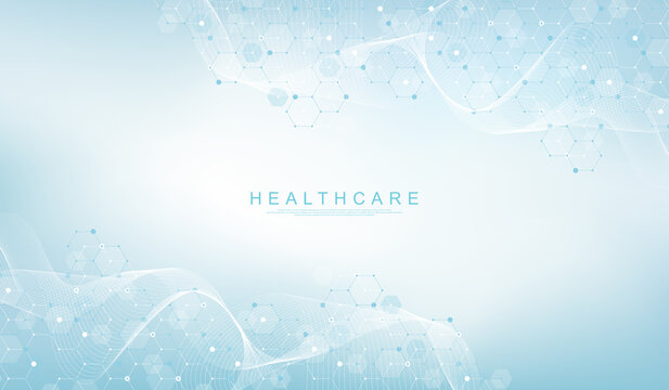 Abstract biology and pharmaceutical technology background. Health care and medical background with hexagons shapes. Flowing wave lines and hexagons. Vector illustration