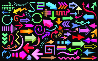 Arrow icons big set, Collection of abstract colorful arrow icons. Arrows set straight, curved, isometric, zigzag, 3D rendering, spiral symbols isolated on black background. Colorful vector arrows.