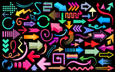 Arrow icons big set, Collection of abstract colorful arrow icons. Arrows set straight, curved, isometric, zigzag, 3D rendering, spiral symbols isolated on black background. Colorful arrows.