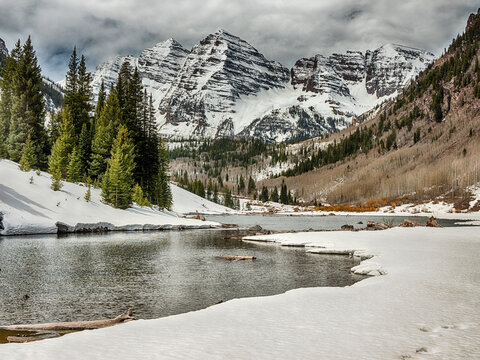 Maroon Bells With Lake and Snow