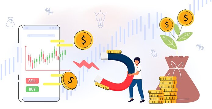 Take profit and graph Signal buy or sell Investor is taking profit form stock chart Mobile foreign exchange trading Increase dividend Online market Purchase shares concept Flat vector illustration
