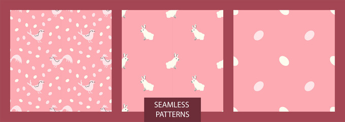 A set of cute seamless patterns for Easter. Vector illustration, pink background.