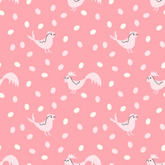 Cute seamless pattern with hens and eggs. Vector Easter texture, pink background.