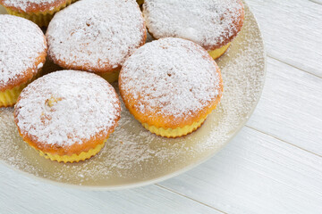 Freshly baked appetizing cupcakes on a plate sprinkled with powdered sugar