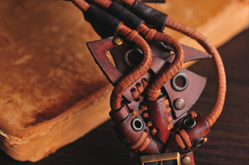 Photo of a steampunk leather wrist bracelet.