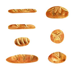 Bread, baguette, loaf. Watercolor bakery set.