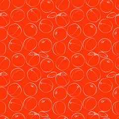 A set of seamless fruit patterns. Vector white contour illustration of apricots and leaves on a colored background. 1000x1000