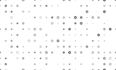 Seamless background pattern of evenly spaced black star of David symbols of different sizes and opacity. Vector illustration on white background