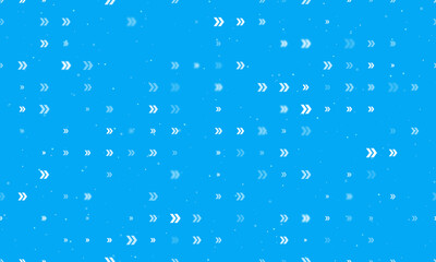 Seamless background pattern of evenly spaced white double arrow symbols of different sizes and opacity. Vector illustration on light blue background with stars