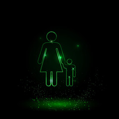 A large green outline woman with child symbol on the center. Green Neon style. Neon color with shiny stars. Vector illustration on black background