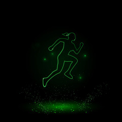 Fototapeta na wymiar A large green outline running woman symbol on the center. Green Neon style. Neon color with shiny stars. Vector illustration on black background
