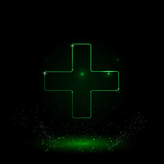 Obraz premium A large green outline plus symbol on the center. Green Neon style. Neon color with shiny stars. Vector illustration on black background