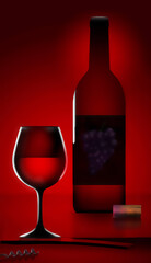 A wineglass with red wine inside is seen next to a red wine bottle in this dramatically lighted 3-d illustration.