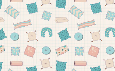 Seamless pattern of deferent pillows on the checked background.