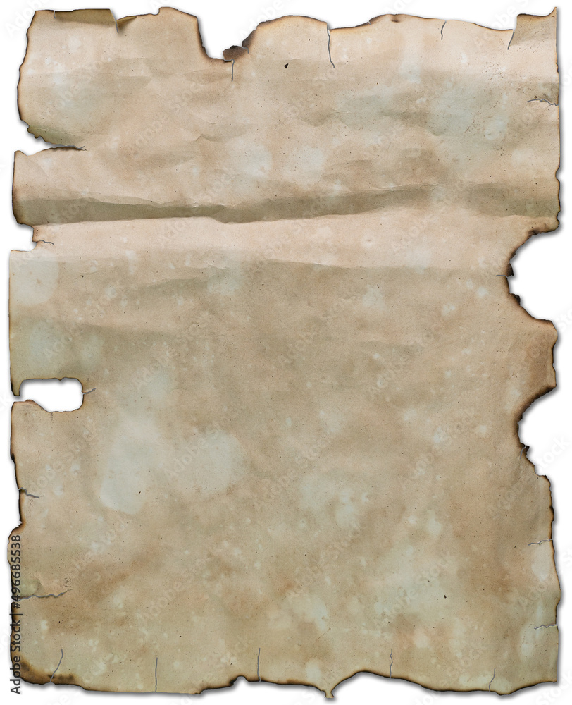 Wall mural Medieval manuscript page or old burnt witchcraft scroll, top view. Magical concept for Halloween. Weathered spell book page.