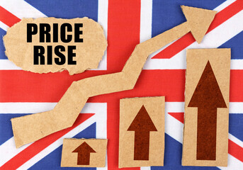 On the flag of Great Britain, a growth chart and a cardboard plate with the inscription - Price rise