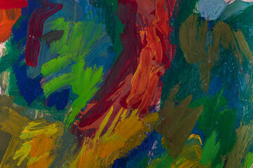 Abstract background closeup of a painting with brushstrokes. Rough art paint smear. Large multicolor spots of brush strokes and palette knife on the canvas