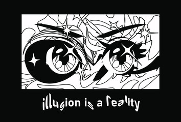 Black and white manga style print with female anime eyes. Graphic vector illustration for poster or cover.