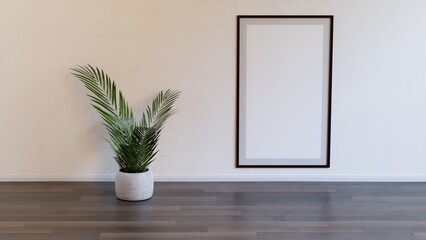 Empty large poster frame in a beige room with grey stucco wall, dark wood floor and a green plant 