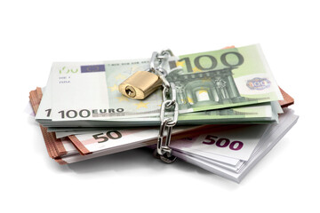 Bundle of euro bill, lock, chain, EU flag. Concept with European Union money, cash, loans, mortgage
