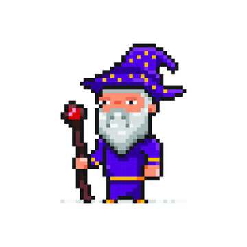 Pixel Art Wizard Character With A Magic Scepter.