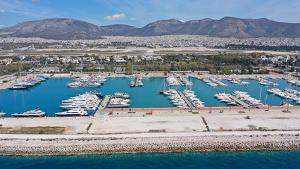 Aerial drone photo of famous Marina of Agios Kosmas and former Athens international airport of Elliniko in Athens riviera area, Glifada, Attica, Greece